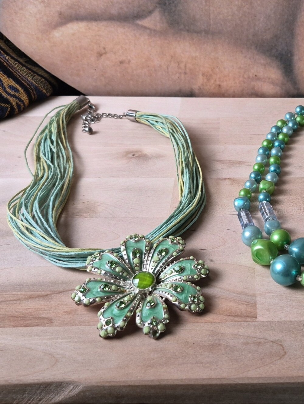 Green Floral Statement Necklace -Beaded Double Strand Necklace Women Jewelry
